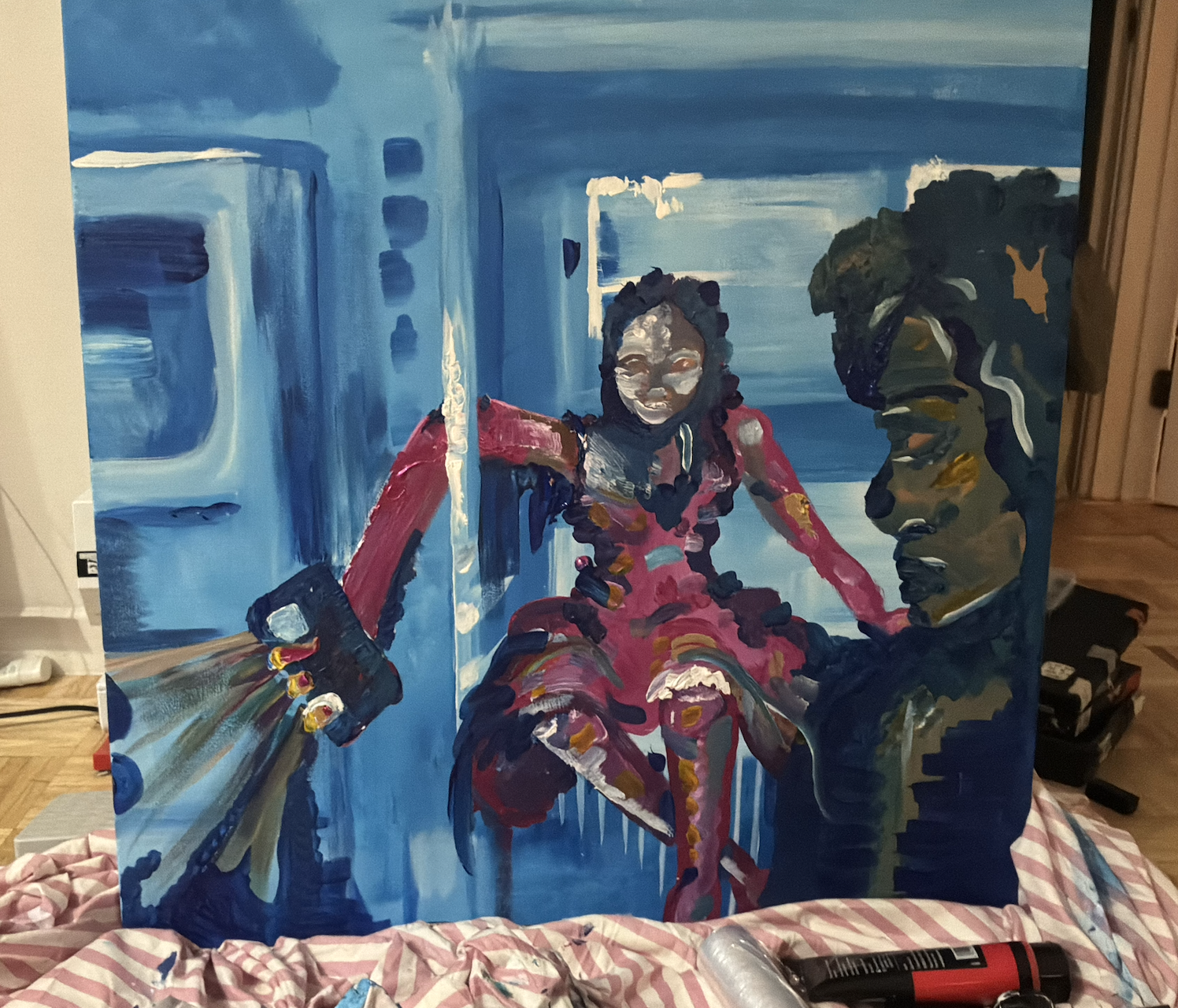 Painting in progress, figures emerging